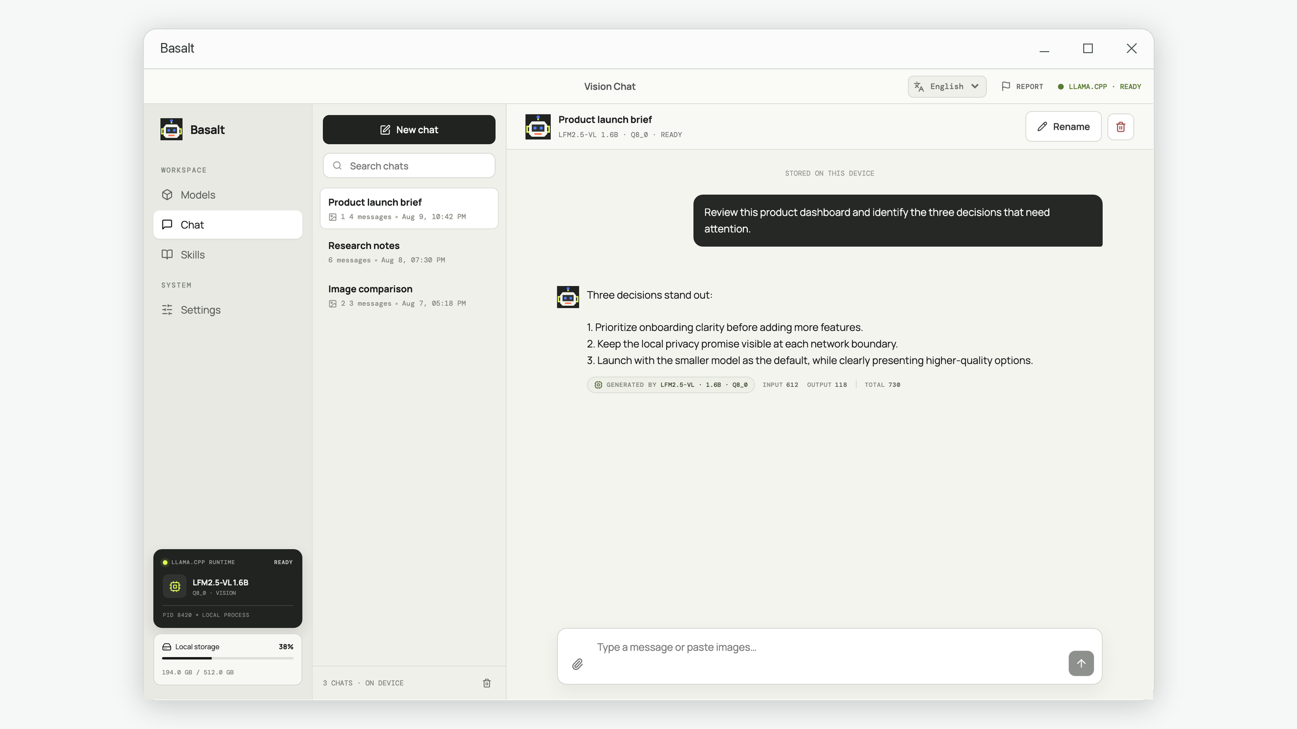 Basalt private local AI chat with streaming response and token statistics