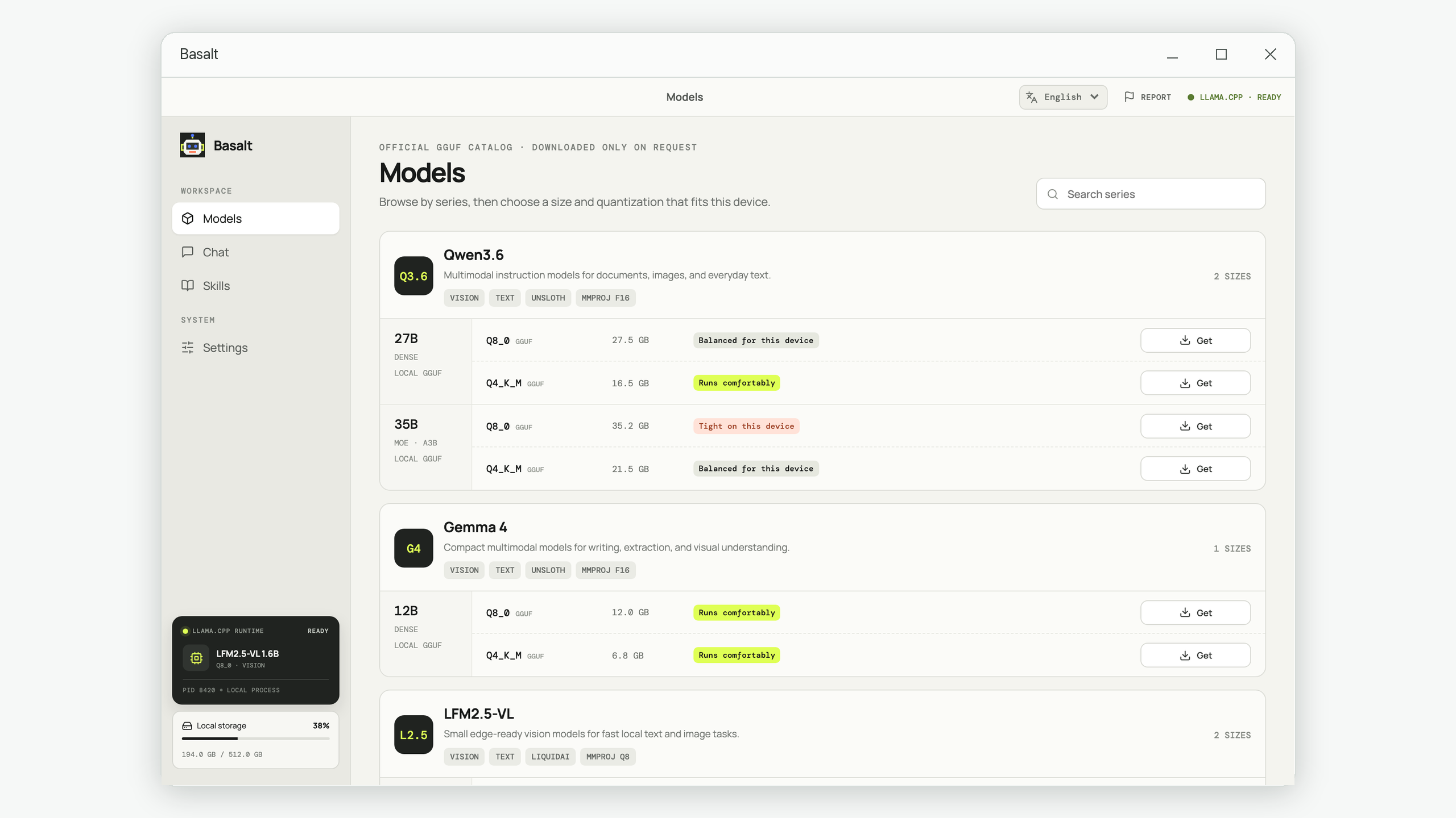 Basalt model library showing Qwen3.6, Gemma 4, and LFM2.5-VL local models