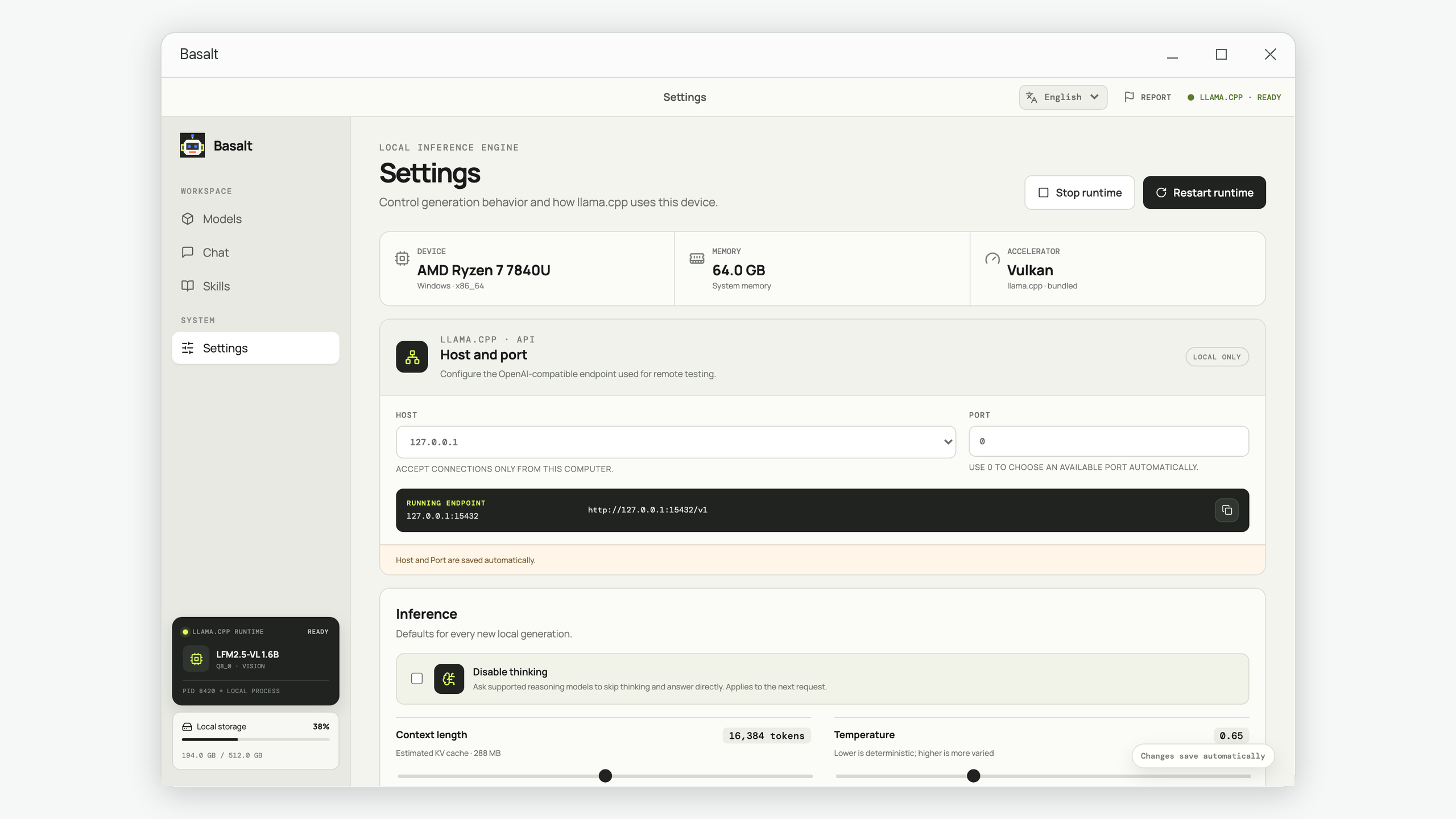 Basalt settings for local inference, system prompt, and tool approval controls