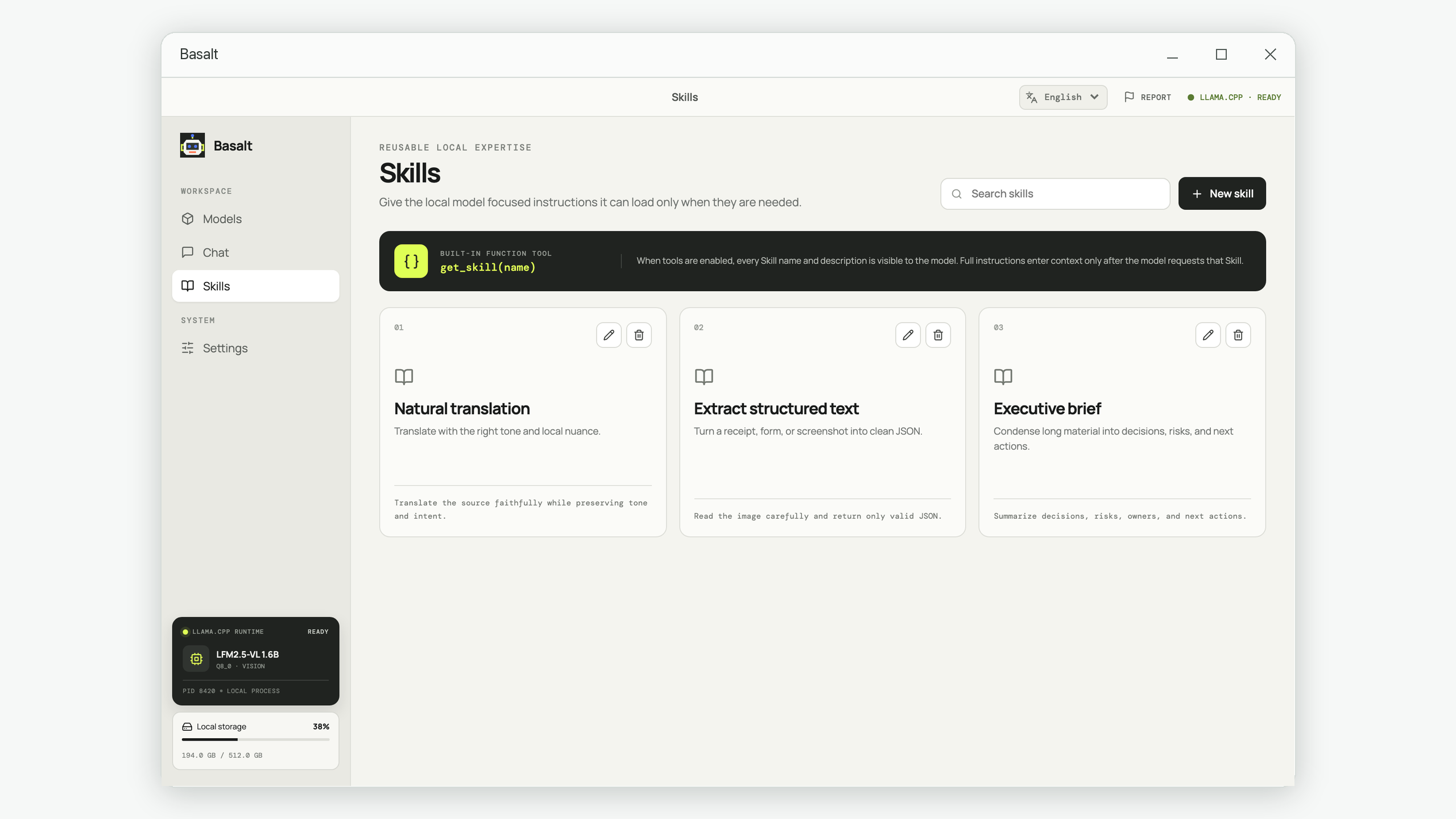 Basalt Skills library for reusable local AI instructions